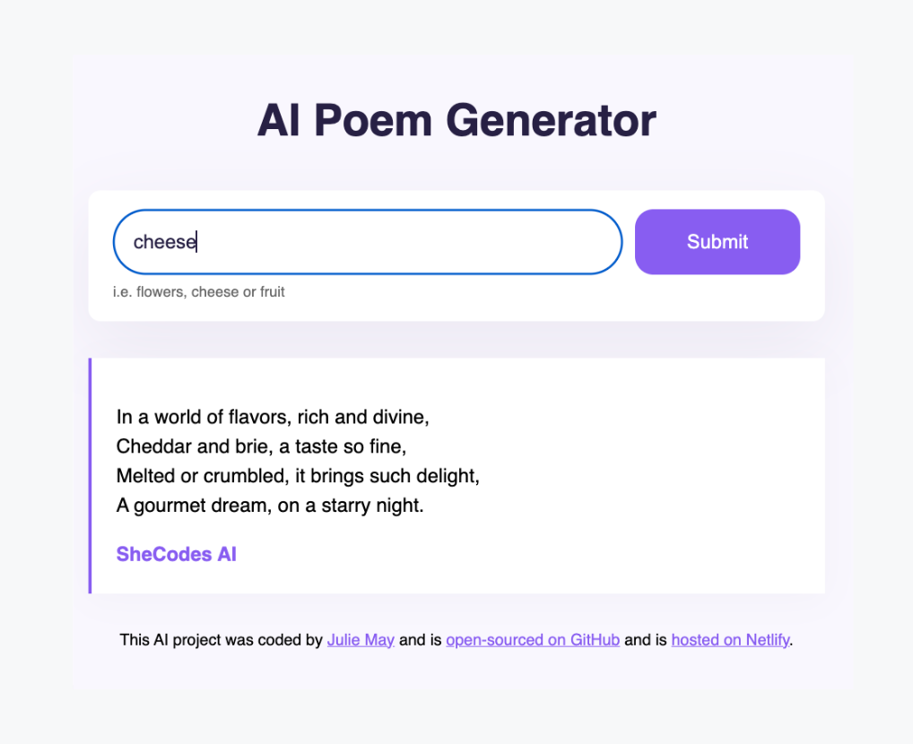 Screenshot of Julie May's AI poem generator project
