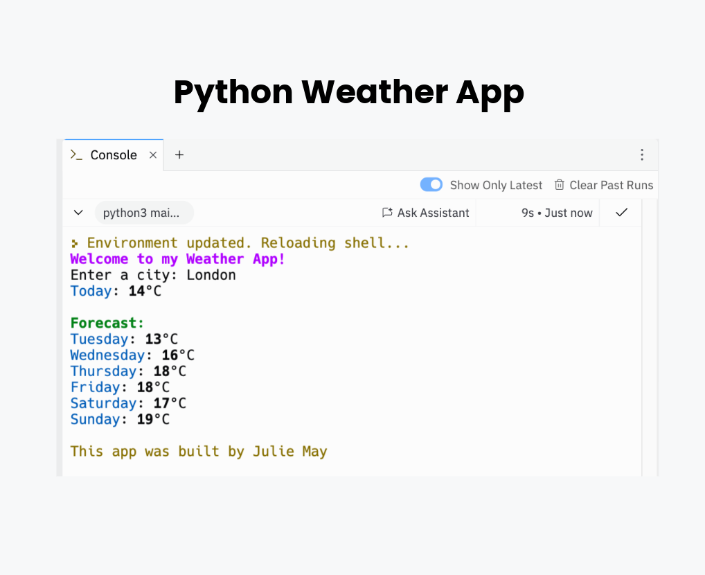 Screenshot of Julie May's Python weather app project