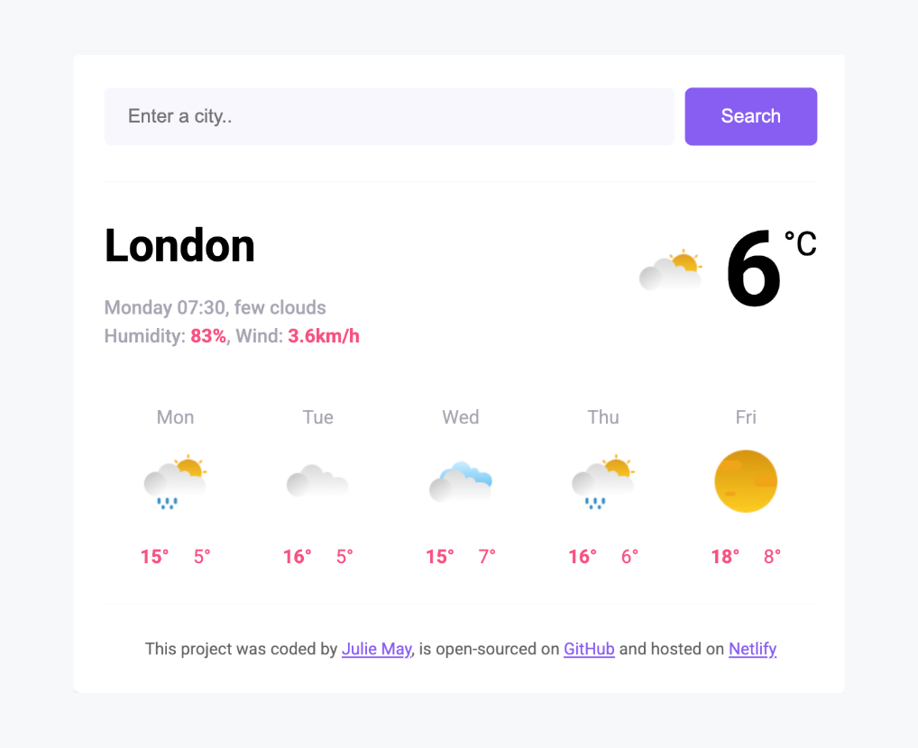 Screenshot of Julie May's weather app