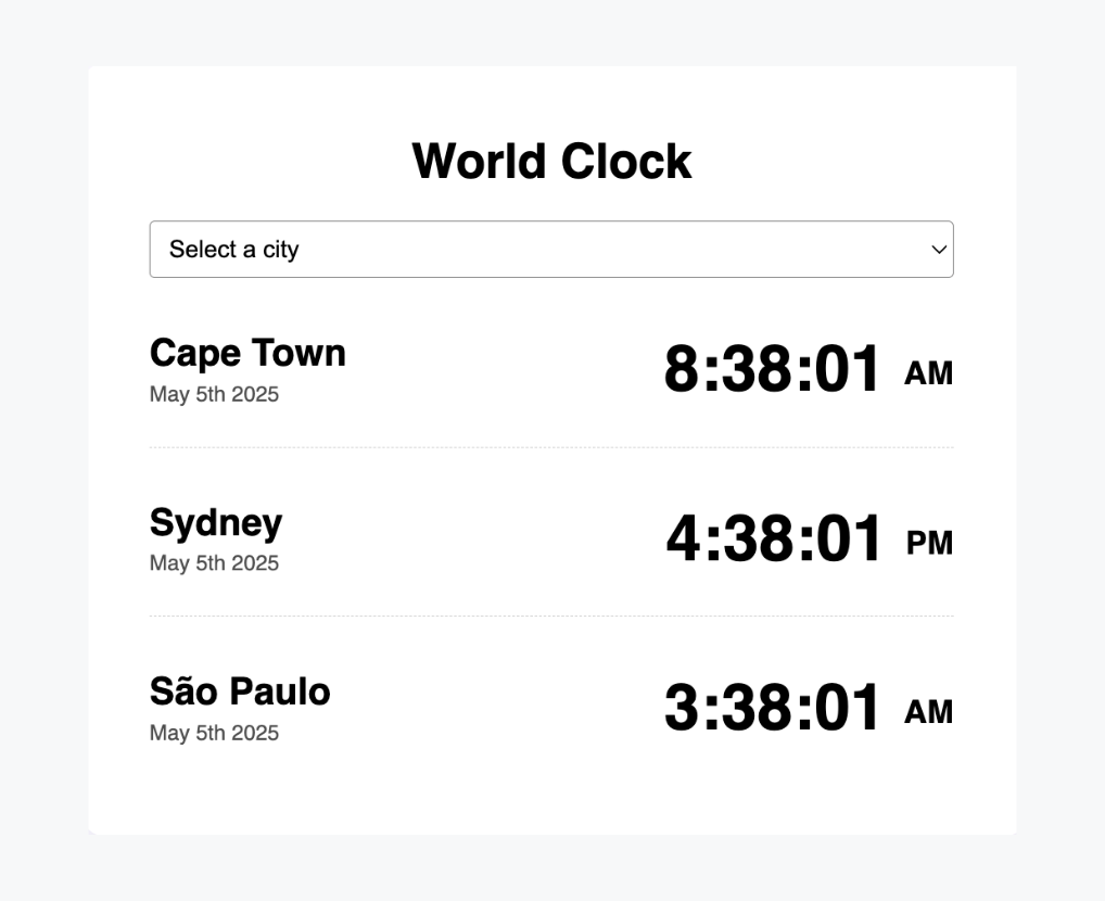 Screenshot of Julie May's world clock app project